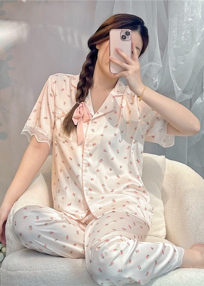 Pink Floral Satin Pyjama Set