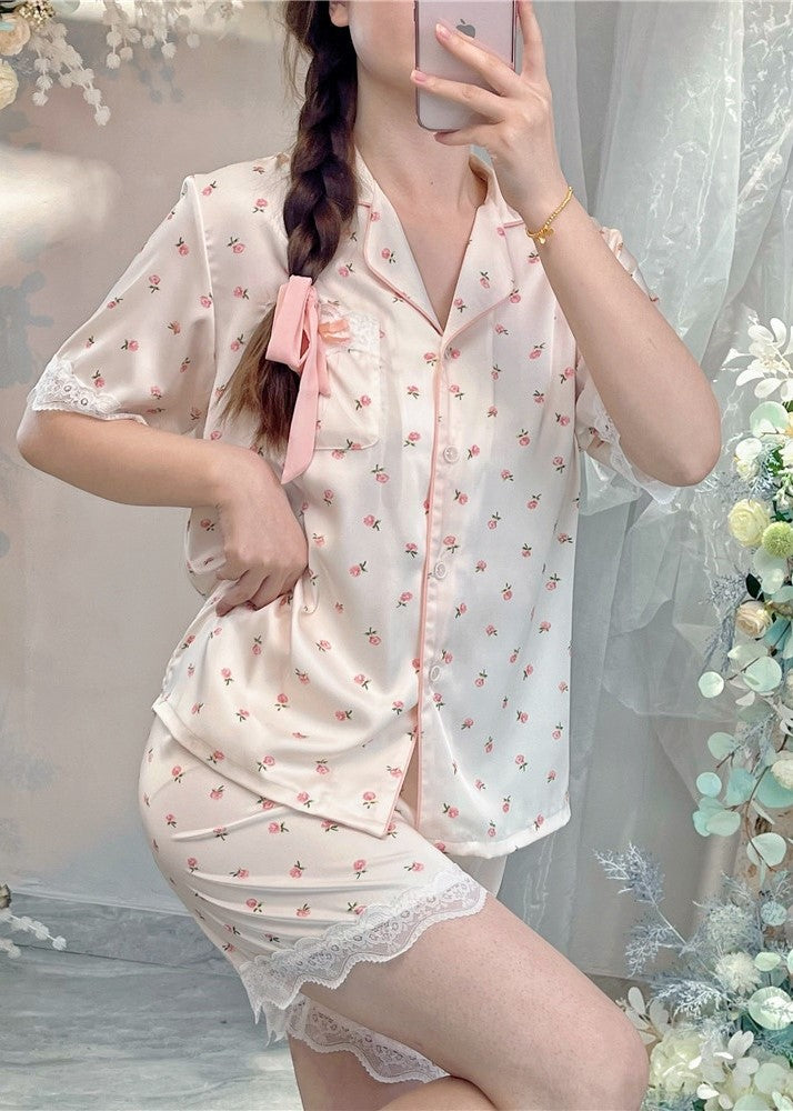 Pink Floral Satin Pyjama Set