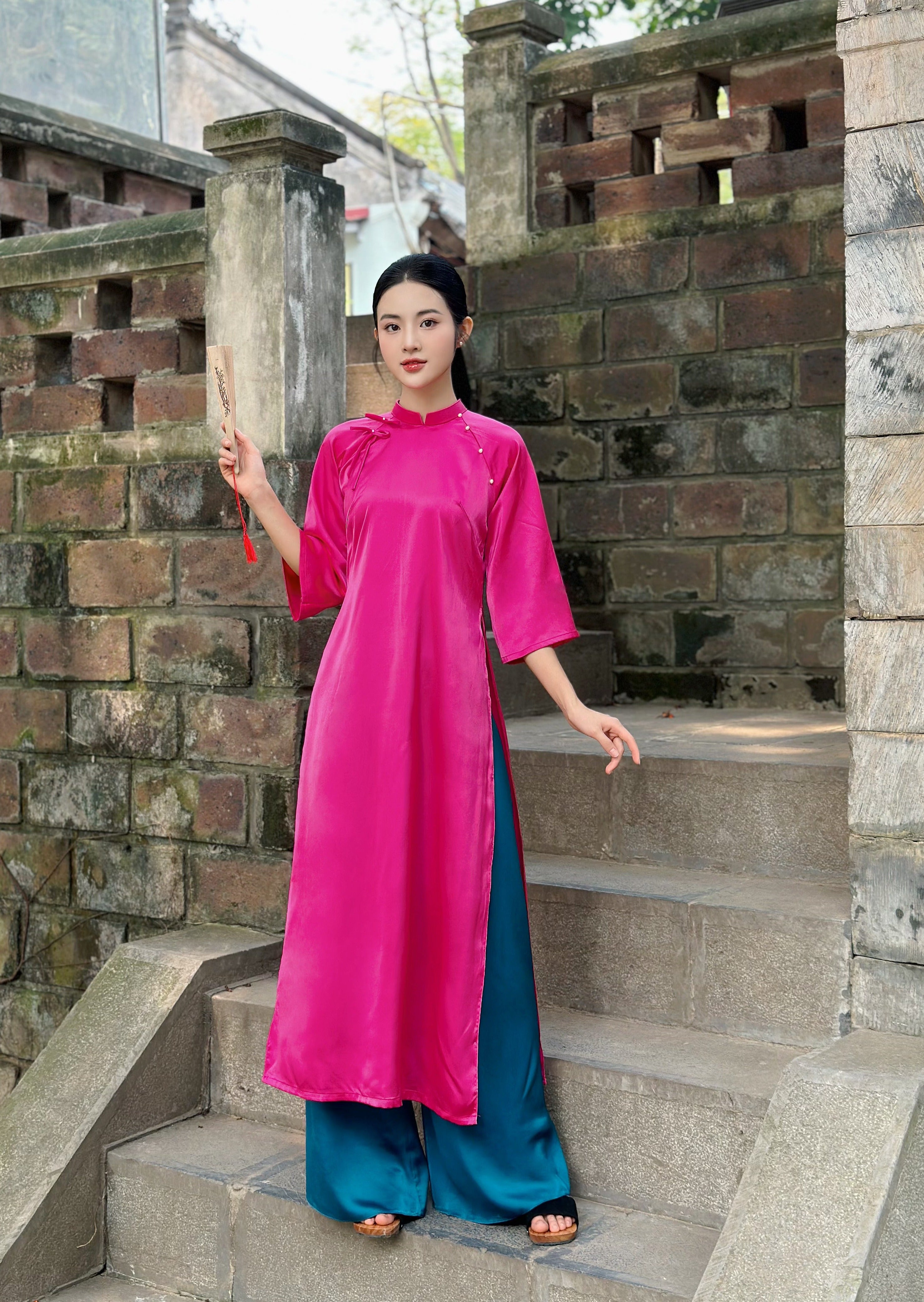 [No261] ベトナムアオザイ(Áo dài Việt Nam) Green Vietnamese Ao Dai With Yellow Pants | Ao Dai Viet Nam