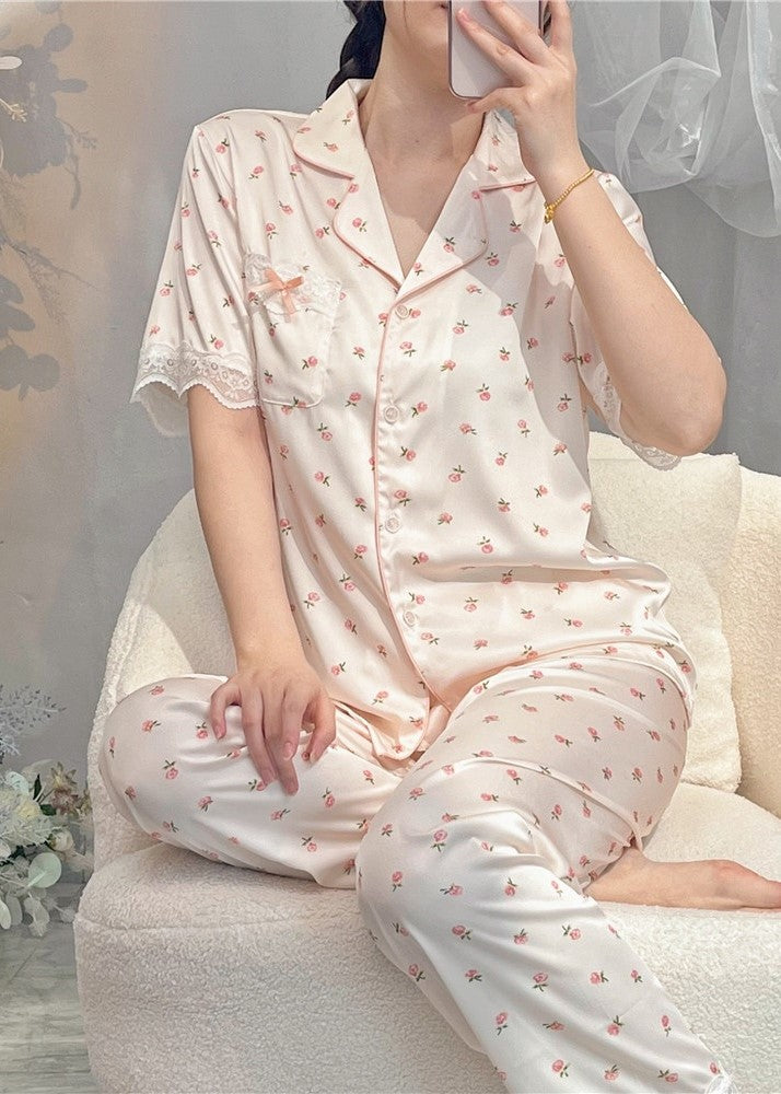 Pink Floral Satin Pyjama Set