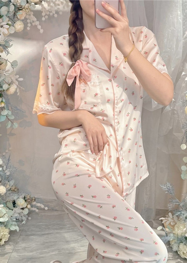 Pink Floral Satin Pyjama Set