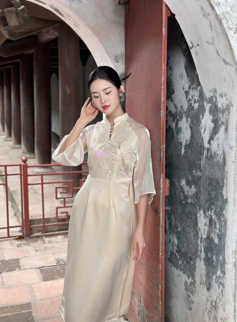 Beige Modernized Ao Dai With Beads